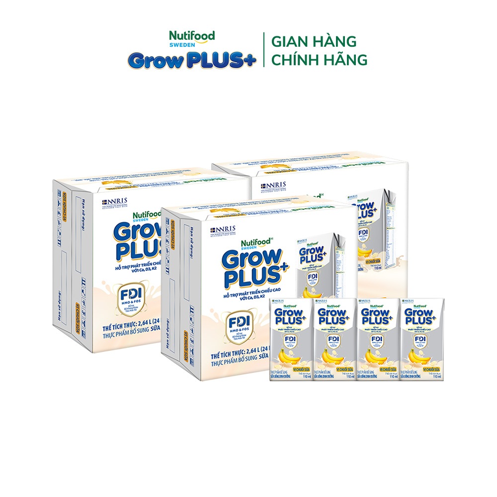 [Livestream KOL] Combo 3 Thùng 24 hộp Sữa bột pha sẵn Nutifood Sweden GrowPLUS+ Vị Chuối Sữa hộp 110ml Trên 1 tuổi