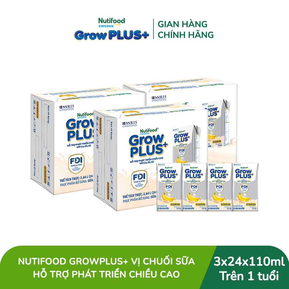 [Livestream KOL] Combo 3 Thùng 24 hộp Sữa bột pha sẵn Nutifood Sweden GrowPLUS+ Vị Chuối Sữa hộp 110ml Trên 1 tuổi
