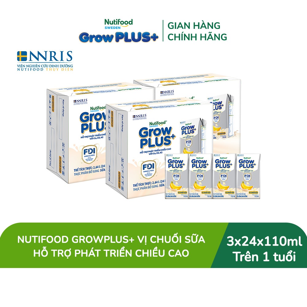 [Livestream KOL] Combo 3 Thùng 24 hộp Sữa bột pha sẵn Nutifood Sweden GrowPLUS+ Vị Chuối Sữa hộp 110ml Trên 1 tuổi