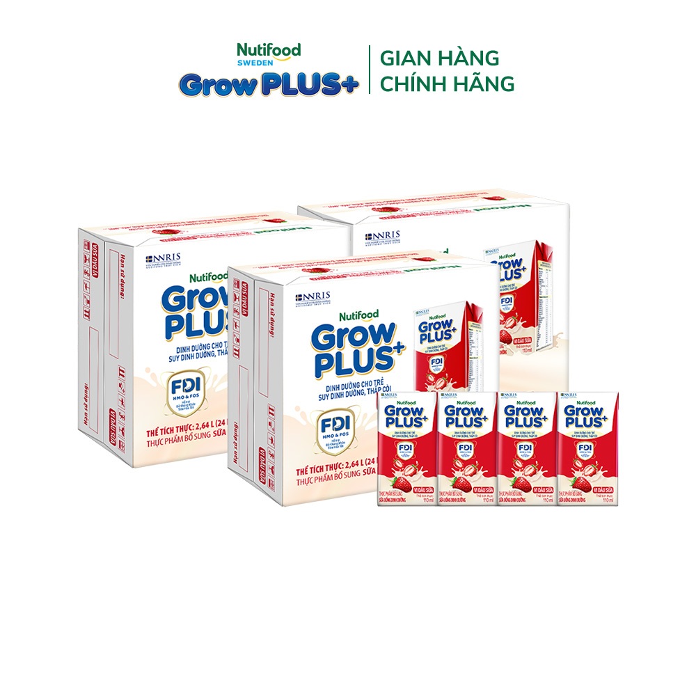 [Livestream KOL] Combo 3 Thùng 24 hộp Sữa bột pha sẵn Nutifood Sweden GrowPLUS+ Vị Dâu Sữa hộp 110ml Trên 1 tuổi
