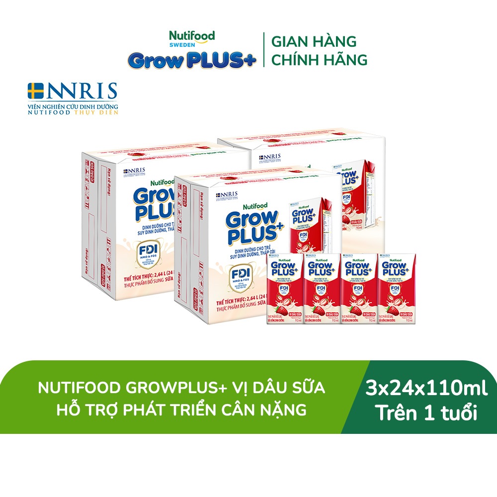 [Livestream KOL] Combo 3 Thùng 24 hộp Sữa bột pha sẵn Nutifood Sweden GrowPLUS+ Vị Dâu Sữa hộp 110ml Trên 1 tuổi