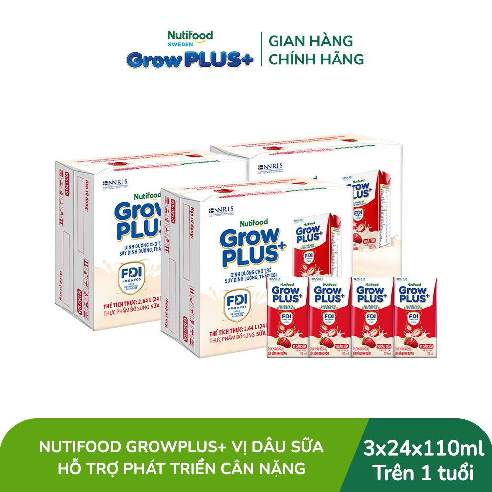 [Livestream KOL] Combo 3 Thùng 24 hộp Sữa bột pha sẵn Nutifood Sweden GrowPLUS+ Vị Dâu Sữa hộp 110ml Trên 1 tuổi