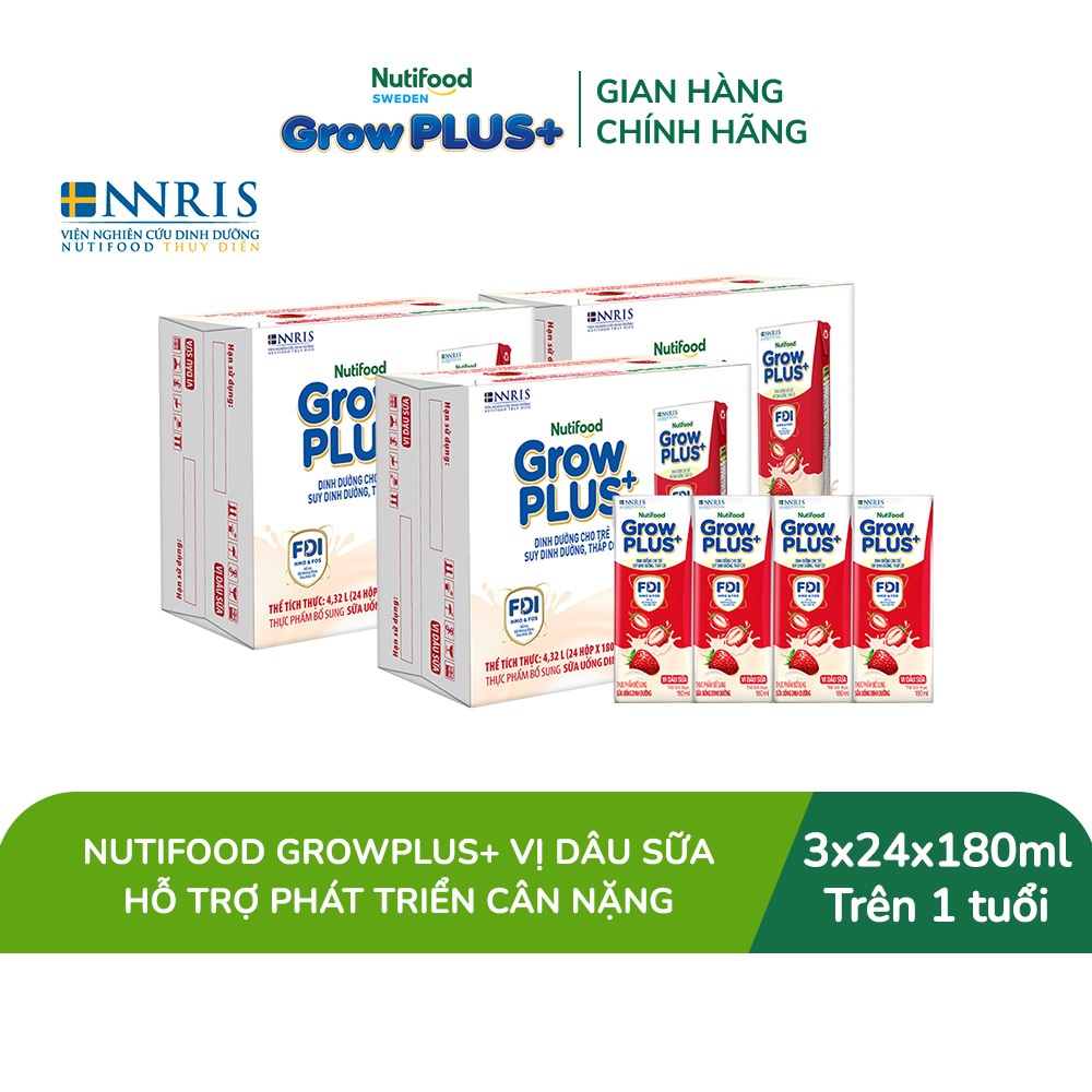 [Livestream Hannah Olala] Combo 3 Thùng 24 hộp Sữa bột pha sẵn Nutifood Sweden GrowPLUS+ Vị Dâu hộp 180ml Trên 1 tuổi