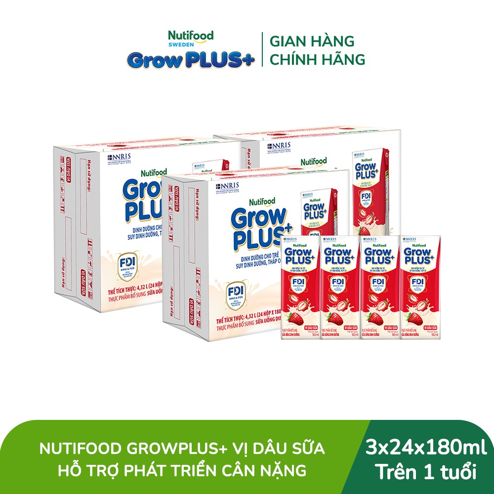 [Livestream Hannah Olala] Combo 3 Thùng 24 hộp Sữa bột pha sẵn Nutifood Sweden GrowPLUS+ Vị Dâu hộp 180ml Trên 1 tuổi