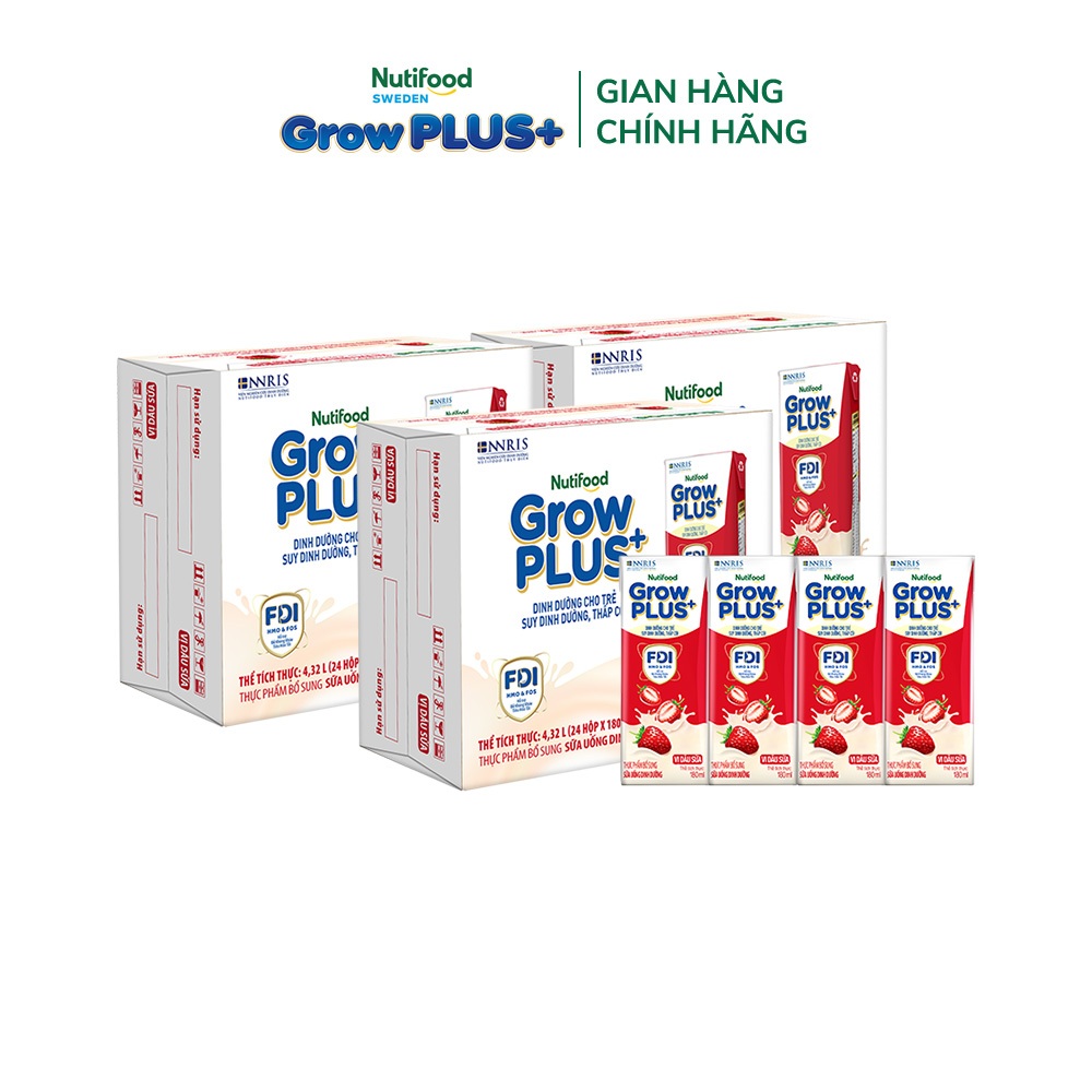 [Livestream Hannah Olala] Combo 3 Thùng 24 hộp Sữa bột pha sẵn Nutifood Sweden GrowPLUS+ Vị Dâu hộp 180ml Trên 1 tuổi