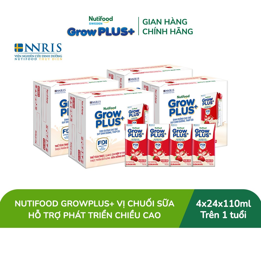 [Livestream KOL] Combo 4 Thùng 24 hộp Sữa bột pha sẵn Nutifood GrowPLUS+ Vị Dâu Sữa hộp 110ml