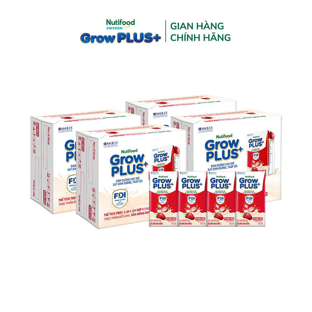 [Livestream KOL] Combo 4 Thùng 24 hộp Sữa bột pha sẵn Nutifood GrowPLUS+ Vị Dâu Sữa hộp 110ml
