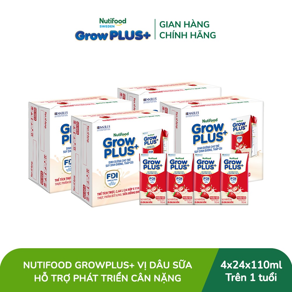 [Livestream KOL] Combo 4 Thùng 24 hộp Sữa bột pha sẵn Nutifood GrowPLUS+ Vị Dâu Sữa hộp 110ml