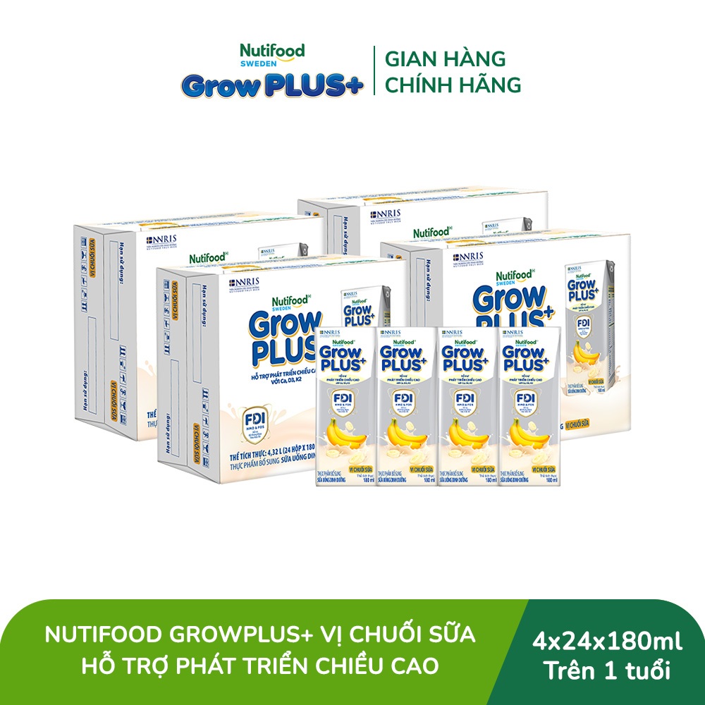 [Livestream Hannah Olala] Combo 4 Thùng 24 hộp Sữa bột pha sẵn Nutifood GrowPLUS+ Vị Chuối Sữa hộp 180ml - Trên 1 tuổi