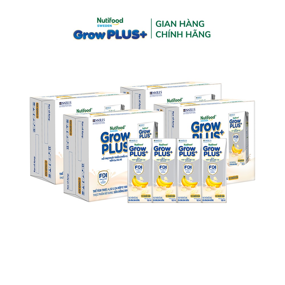 [Livestream Hannah Olala] Combo 4 Thùng 24 hộp Sữa bột pha sẵn Nutifood GrowPLUS+ Vị Chuối Sữa hộp 180ml - Trên 1 tuổi