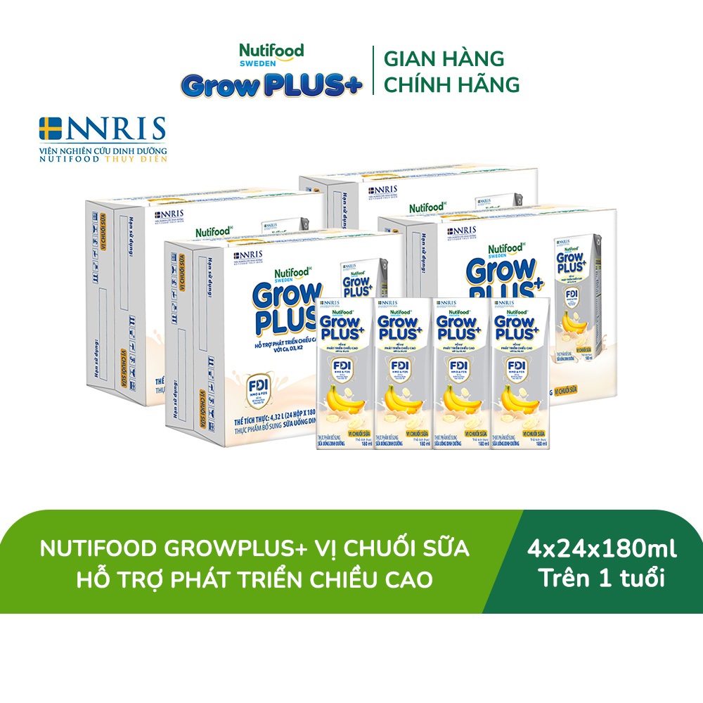 [Livestream Hannah Olala] Combo 4 Thùng 24 hộp Sữa bột pha sẵn Nutifood GrowPLUS+ Vị Chuối Sữa hộp 180ml - Trên 1 tuổi