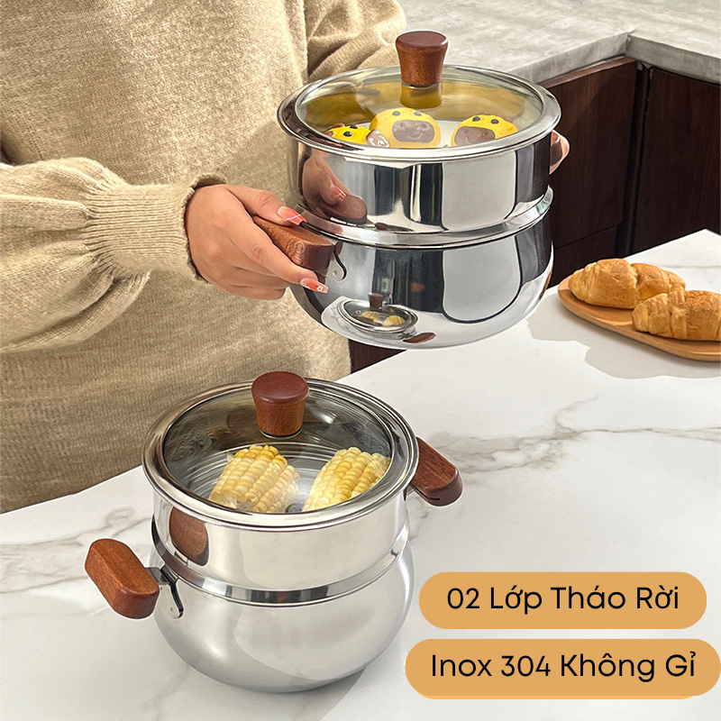 Bộ Nồi Hấp Inox 304 Size 16cm – Tay Cầm Gỗ Óc Chó, Nắp Kính Dễ Quan Sát – Hấp, Luộc, Nấu Cháo Sữa Cho Bé  | 312