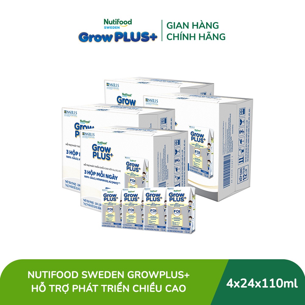 [Livestream Hannah Olala] Combo 4 Thùng 24 hộp Sữa Bột Pha Sẵn Nutifood Sweden GrowPLUS+ Cao lớn vượt trội hộp 110 ml