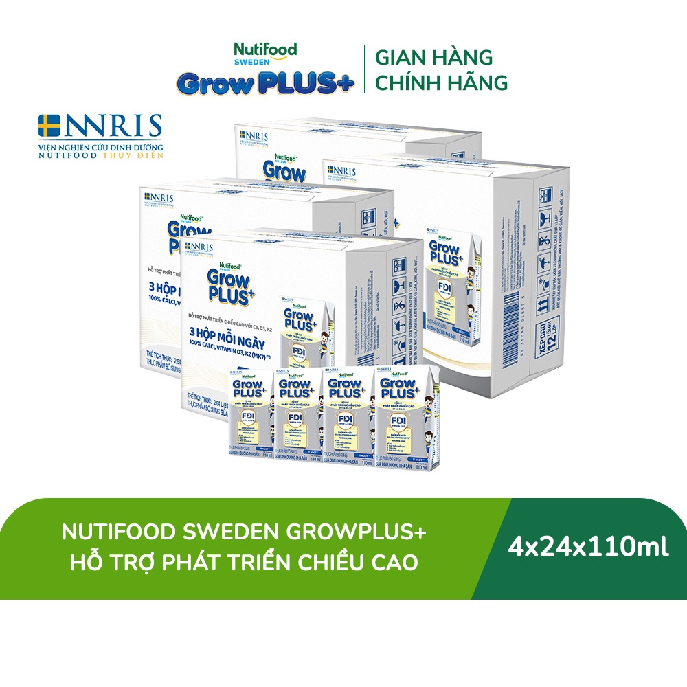 [Livestream Hannah Olala] Combo 4 Thùng 24 hộp Sữa Bột Pha Sẵn Nutifood Sweden GrowPLUS+ Cao lớn vượt trội hộp 110 ml