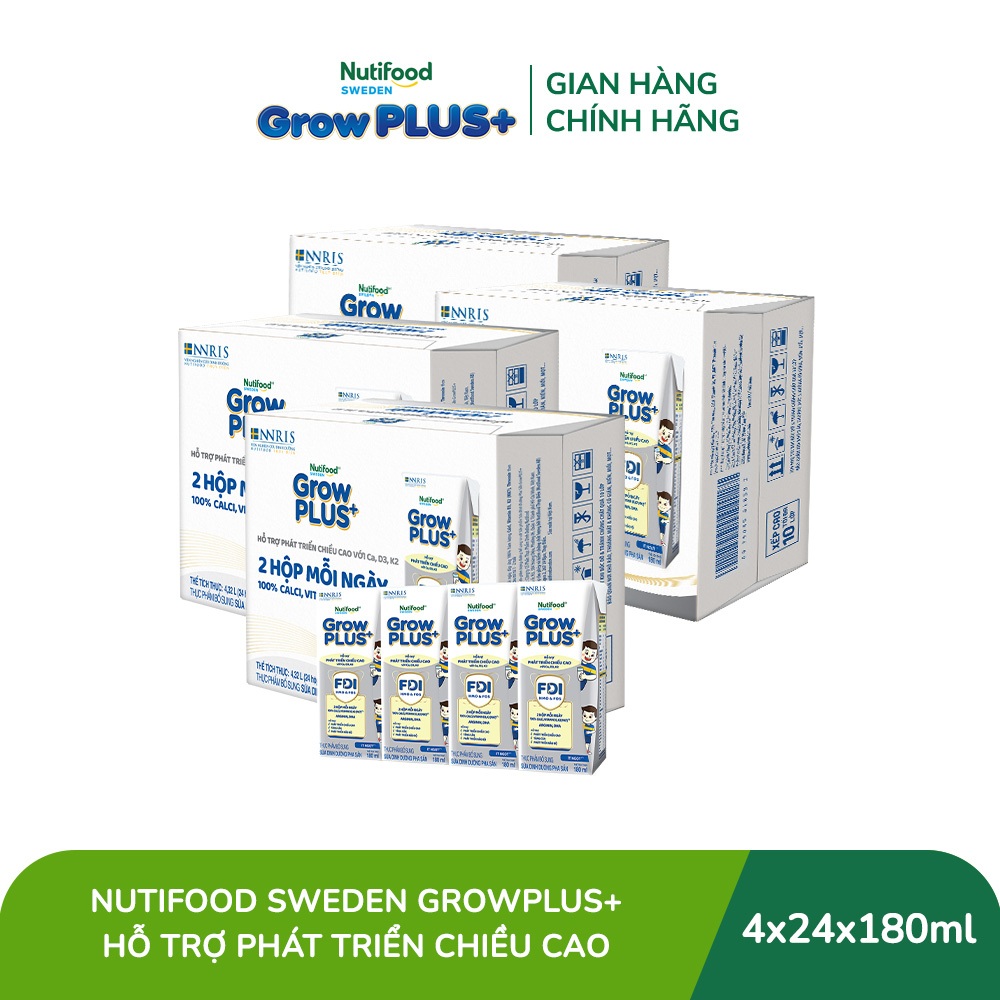 [Livestream KOL] Combo 4 Thùng 24 hộp Sữa Bột Pha Sẵn Nutifood Sweden GrowPLUS+ Cao lớn vượt trội hộp 180 ml