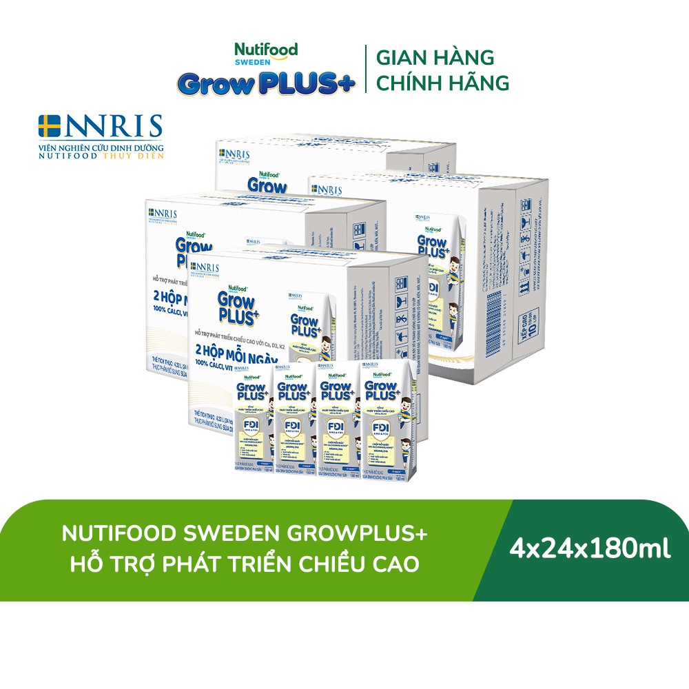 [Livestream KOL] Combo 4 Thùng 24 hộp Sữa Bột Pha Sẵn Nutifood Sweden GrowPLUS+ Cao lớn vượt trội hộp 180 ml