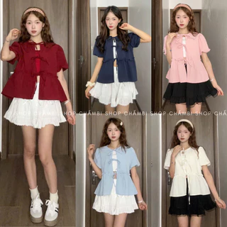 Set áo nữ đi chơi A.719, Set áo babydoll cổ tròn tay bồng dáng lửng phối 3 nơ buộc kèm áo trong dễ thương-Shop Chấm Bi
