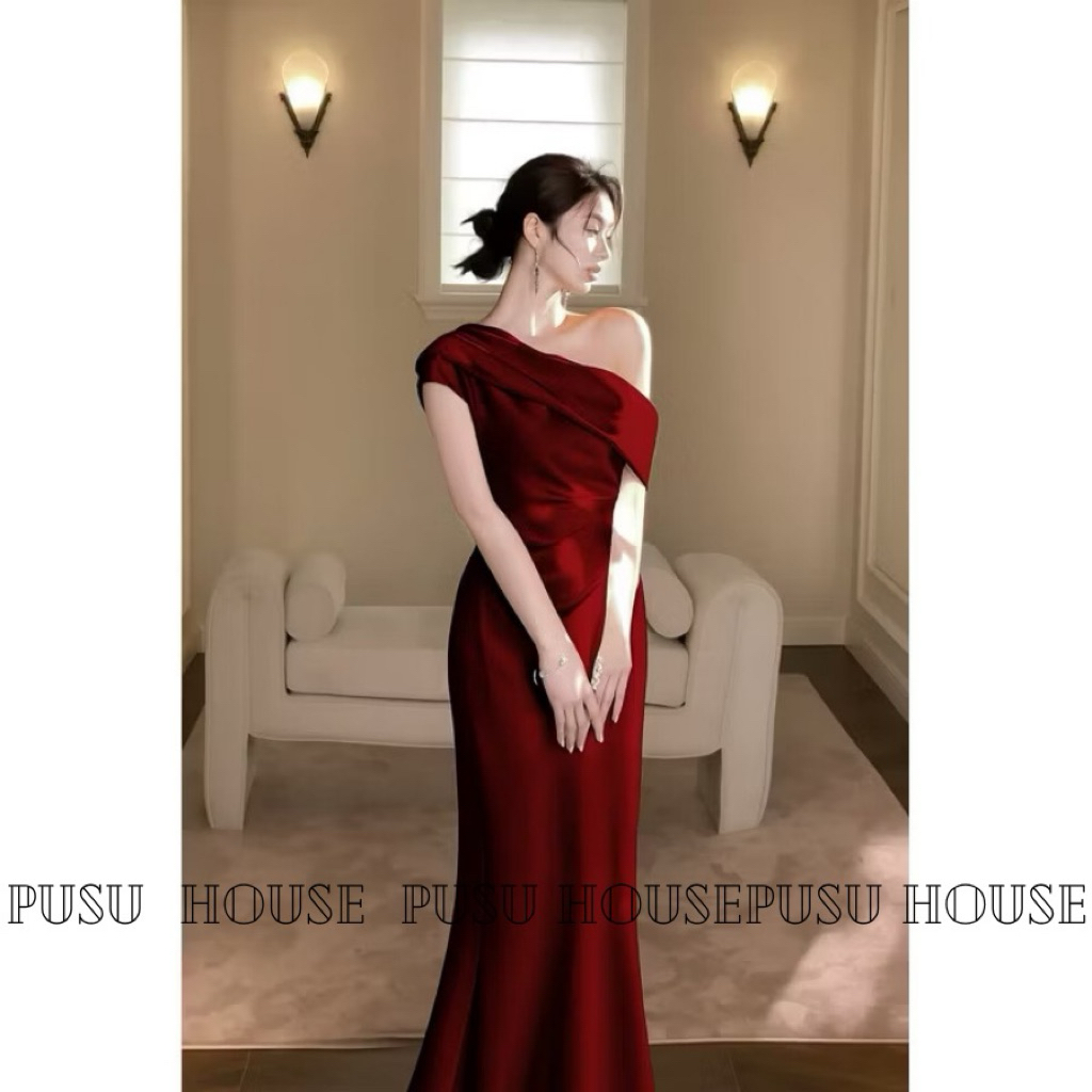 [Hàng sẵn-thật 100%]Đầm thiết kế dự tiệc lụa 2 lớp đuôi cá dài xếp li eo tôn dáng sang trọng - Pusu house