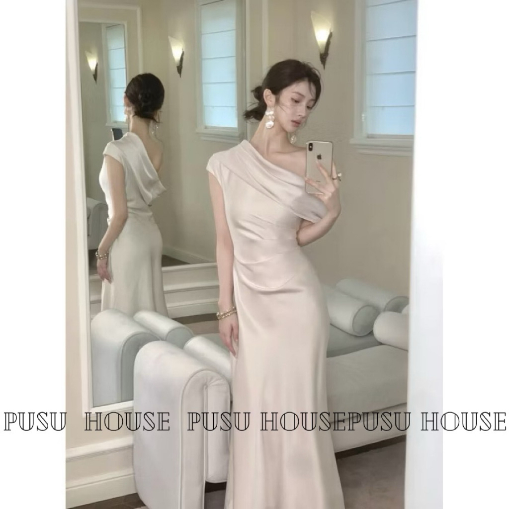 [Hàng sẵn-thật 100%]Đầm thiết kế dự tiệc lụa 2 lớp đuôi cá dài xếp li eo tôn dáng sang trọng - Pusu house