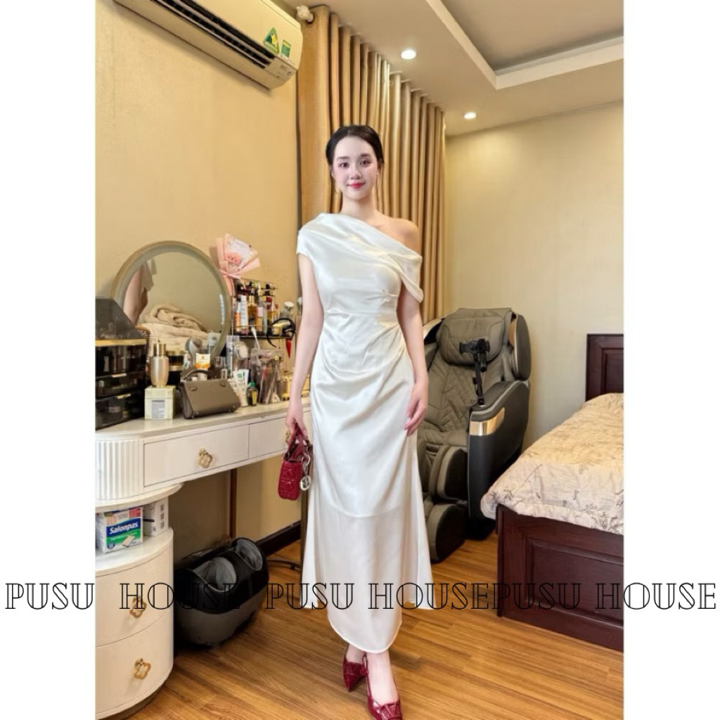 [Hàng sẵn-thật 100%]Đầm thiết kế dự tiệc lụa 2 lớp đuôi cá dài xếp li eo tôn dáng sang trọng - Pusu house