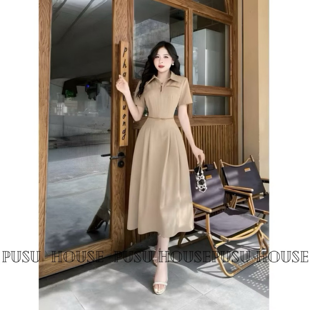Đầm nữ cổ somi dây kéo trước có túi thanh lịch công sở dự tiệc - Pusu house