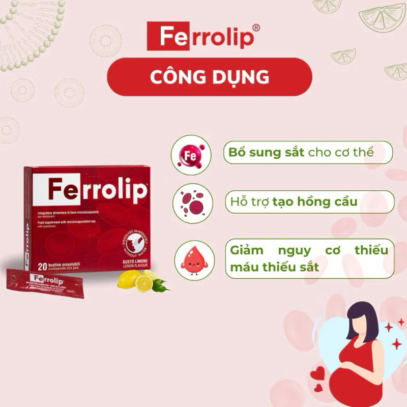 Sắt sinh học Ferrolip dành cho mẹ bầu và người thiếu máu thiếu sắt hộp 20 gói