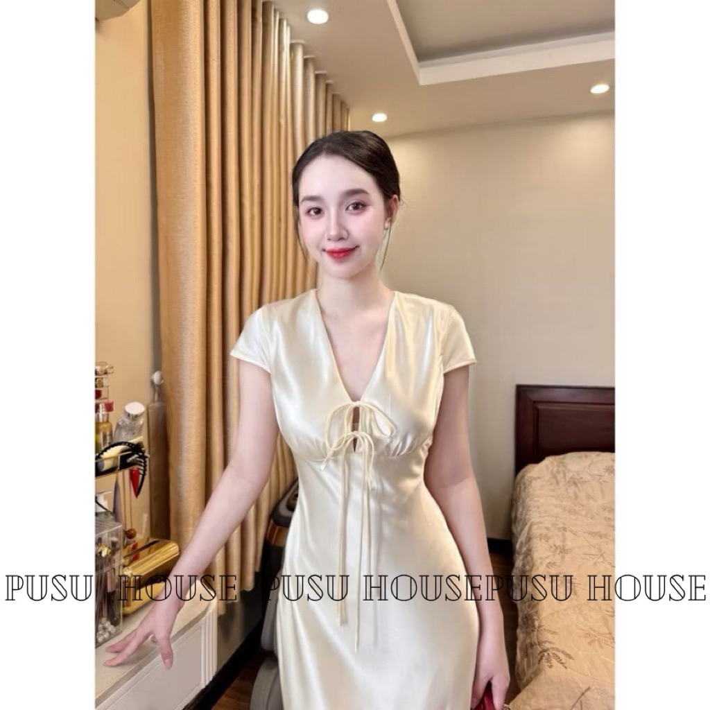 Đầm dự tiệc lụa đuôi cá dáng dài cổ V nơ ngực sang trọng quý phái - Pusu house