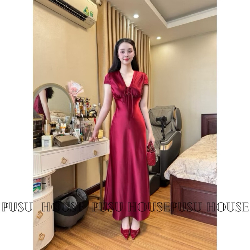 Đầm dự tiệc lụa đuôi cá dáng dài cổ V nơ ngực sang trọng quý phái - Pusu house
