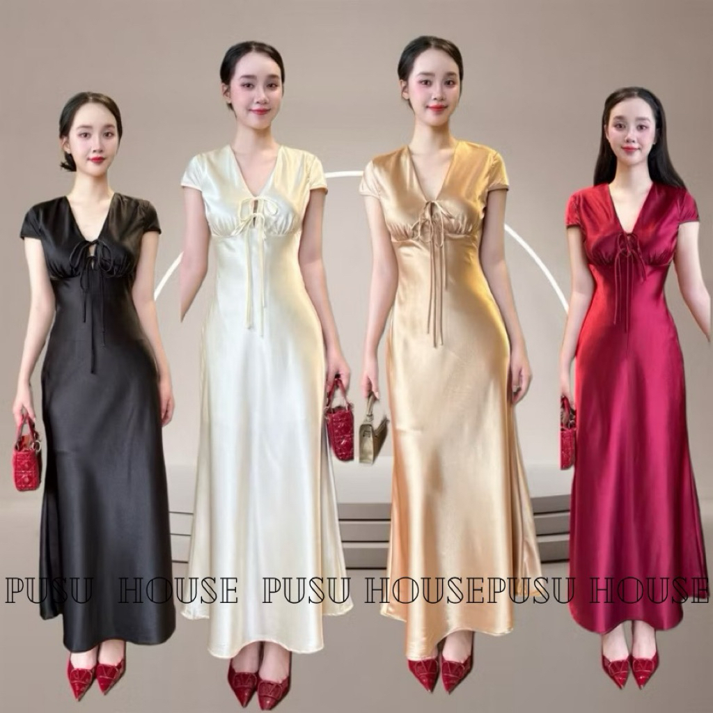 Đầm dự tiệc lụa đuôi cá dáng dài cổ V nơ ngực sang trọng quý phái - Pusu house