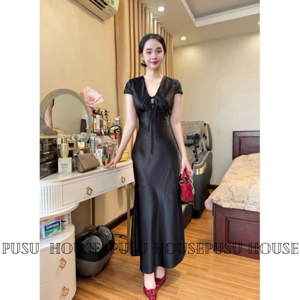 Đầm dự tiệc lụa đuôi cá dáng dài cổ V nơ ngực sang trọng quý phái - Pusu house
