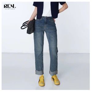 Quần Jeans ống đứng lật lai xanh đậm REAL CLOTHES, dáng cơ bản dễ mặc, lưng cao tôn dáng