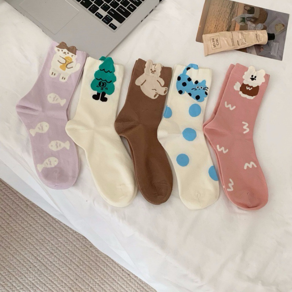 Tất Vớ Nam Nữ Cổ Cao In Hình Thú Mèo Cún Siêu Dễ Thương Cotton Thoáng Mát Dễ Phối