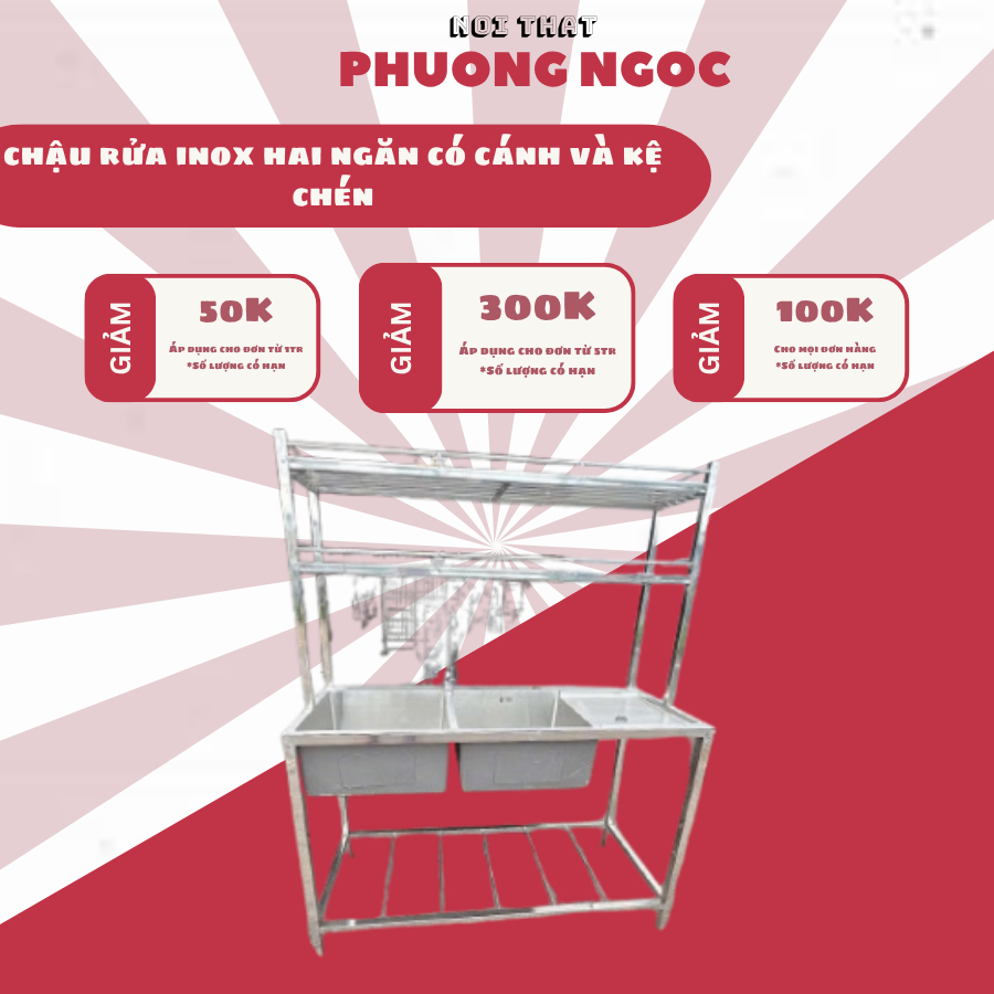 CHẬU RỬA CHÉN INOX HAI HỘC CÓ CÁNH