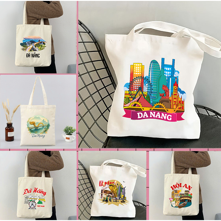 Túi Tote có khóa kéo túi canvas Đà Nẵng Hội An Du Lịch xinh xắn túi vải đeo vai khóa kéo đựng đồ đi học - chơi tota0215