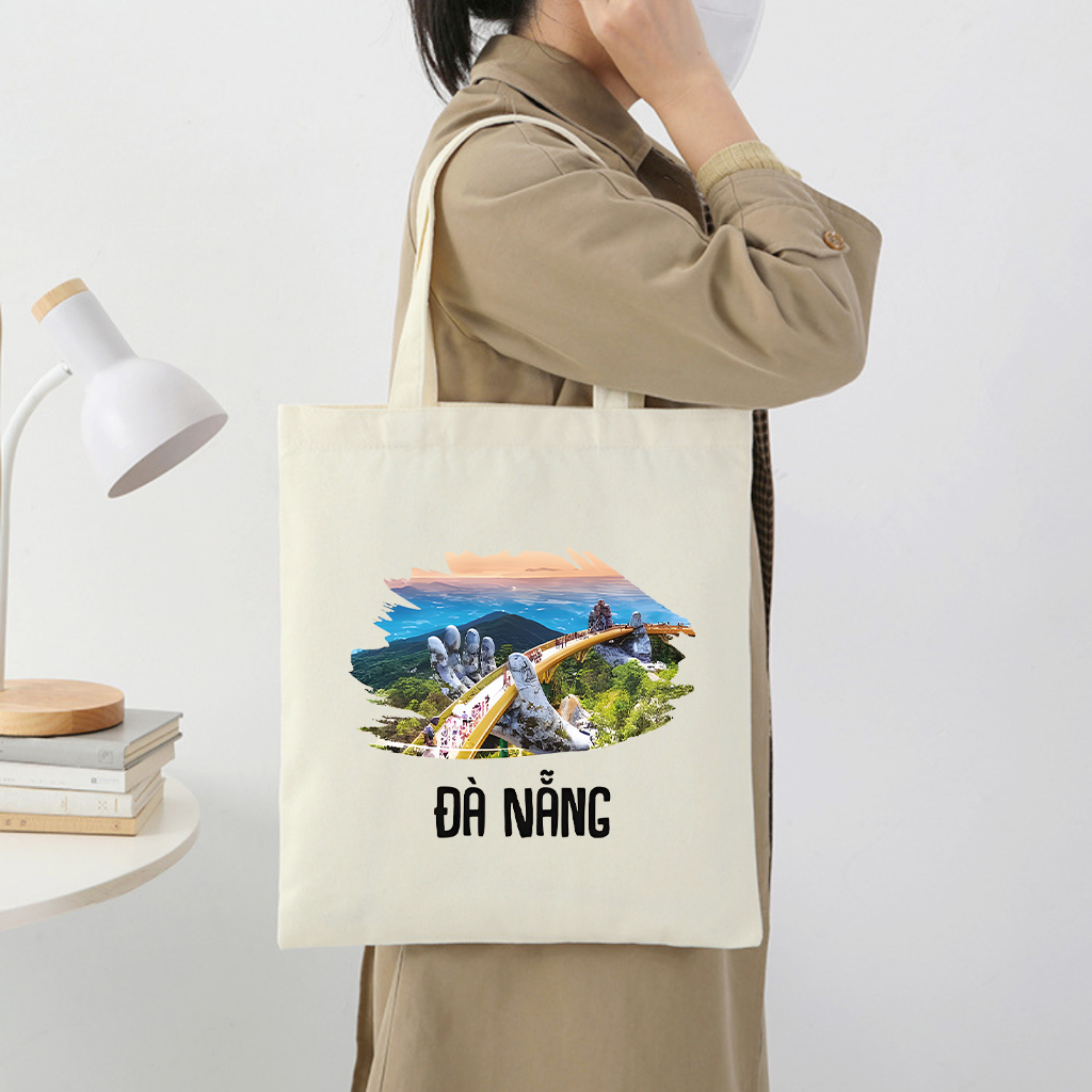 Túi Tote có khóa kéo túi canvas Đà Nẵng Hội An Du Lịch xinh xắn túi vải đeo vai khóa kéo đựng đồ đi học - chơi tota0215