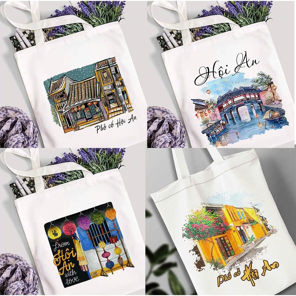 Túi Tote có khóa kéo túi canvas Đà Nẵng Hội An Du Lịch xinh xắn túi vải đeo vai khóa kéo đựng đồ đi học - chơi tota0215