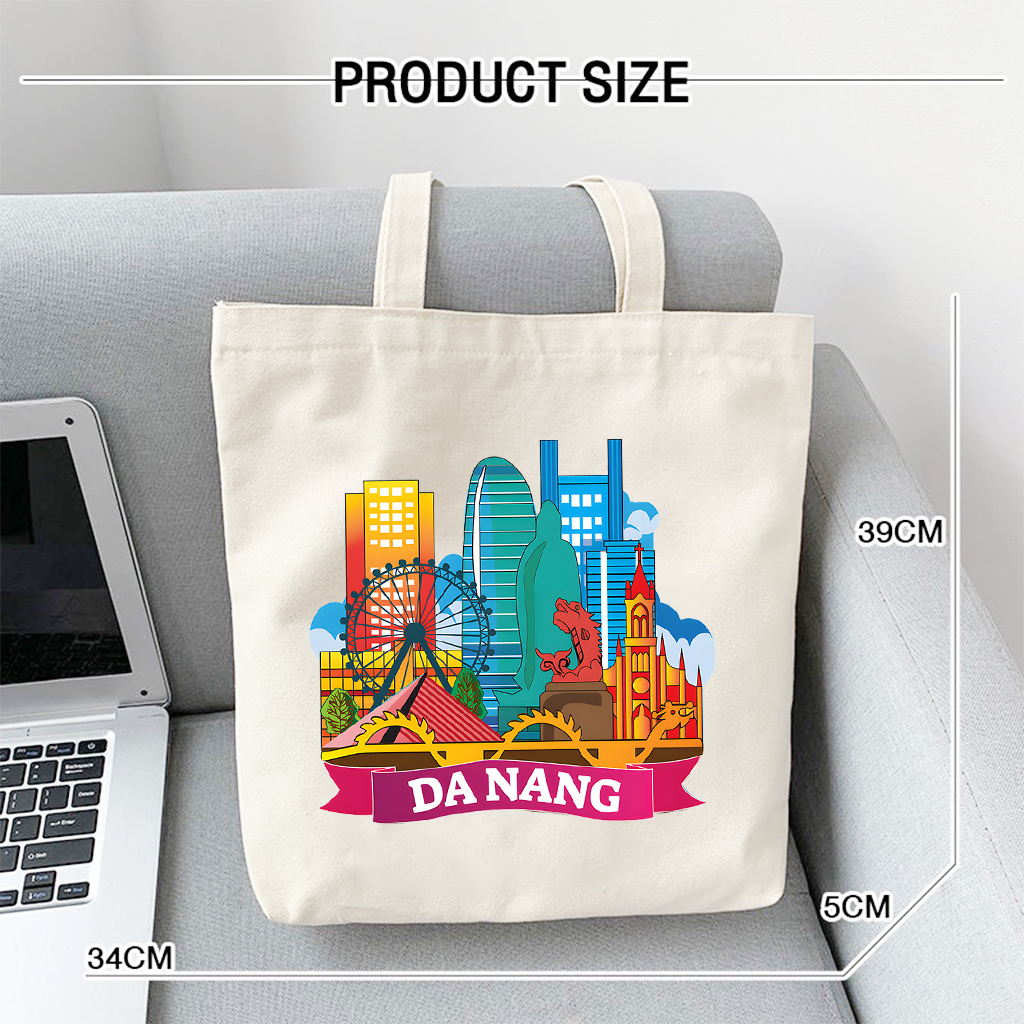 Túi Tote có khóa kéo túi canvas Đà Nẵng Hội An Du Lịch xinh xắn túi vải đeo vai khóa kéo đựng đồ đi học - chơi tota0215