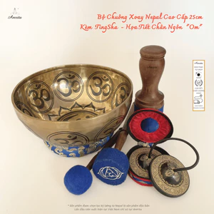 Bộ Chuông Xoay Nepal Cao Cấp 25cm Kèm TingSha - Họa Tiết Chân Ngôn "Om' CXNP76