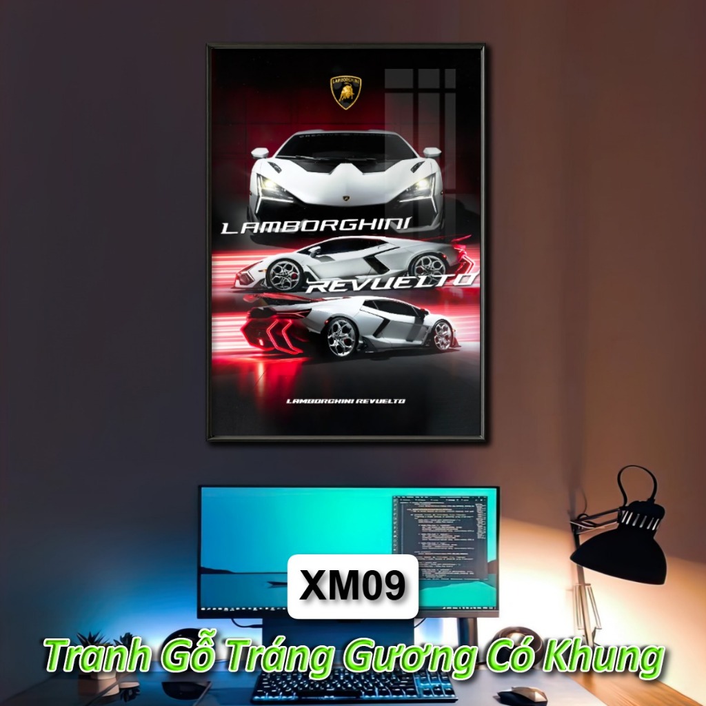 Tranh Poster Siêu Xe Thiết Kế Độc Quyền Tráng Gương Khung Composite Decor Treo Tường Phòng Khách, Phòng Game