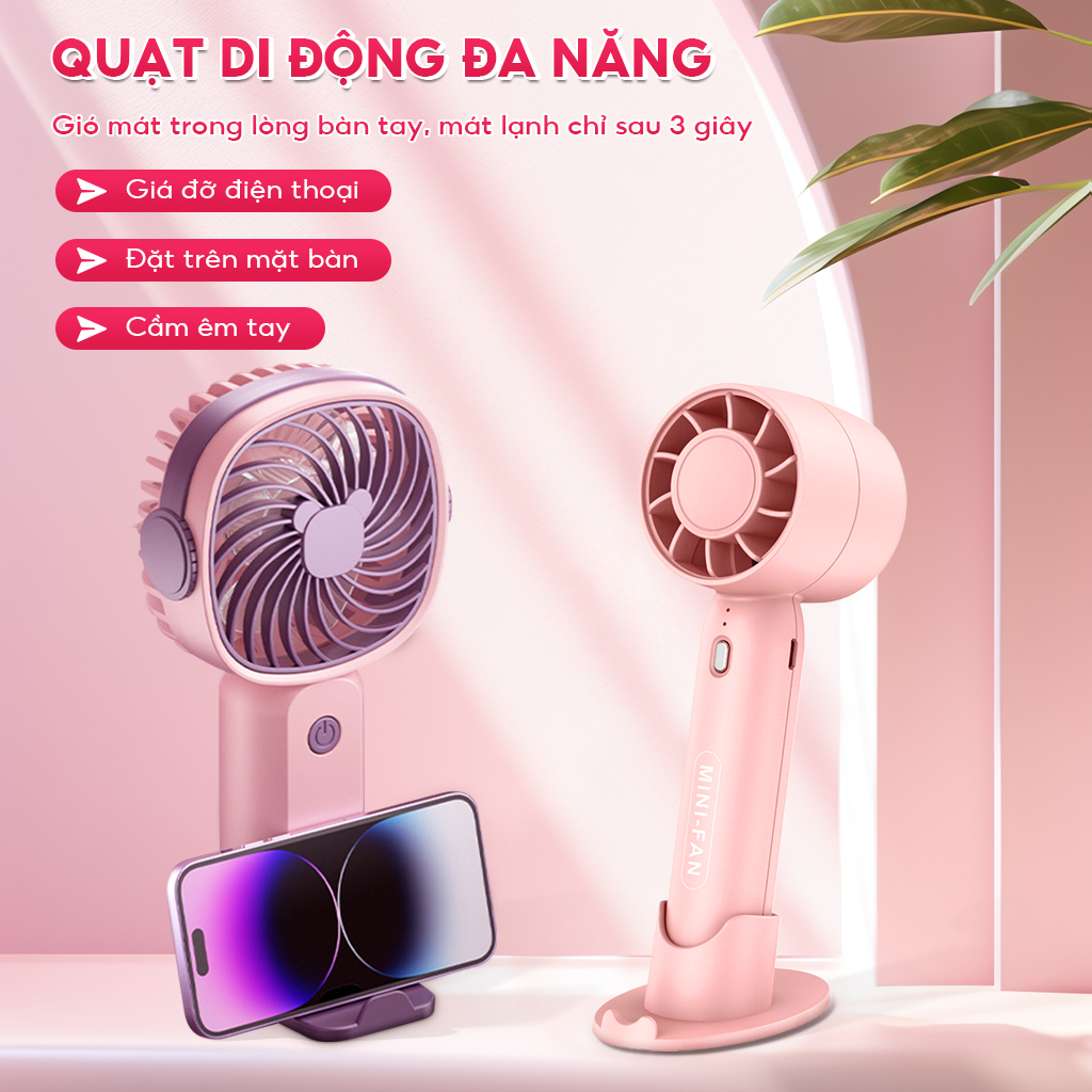 ‌Quạt Mini Cầm Tay Đa Năng USB: 3 Tốc Độ Gió + Hẹn Giờ + Thiết Kế Nhỏ Gọn - Quạt Để Bàn Phong Cách, Sạc Nhanh Tiện Lợi