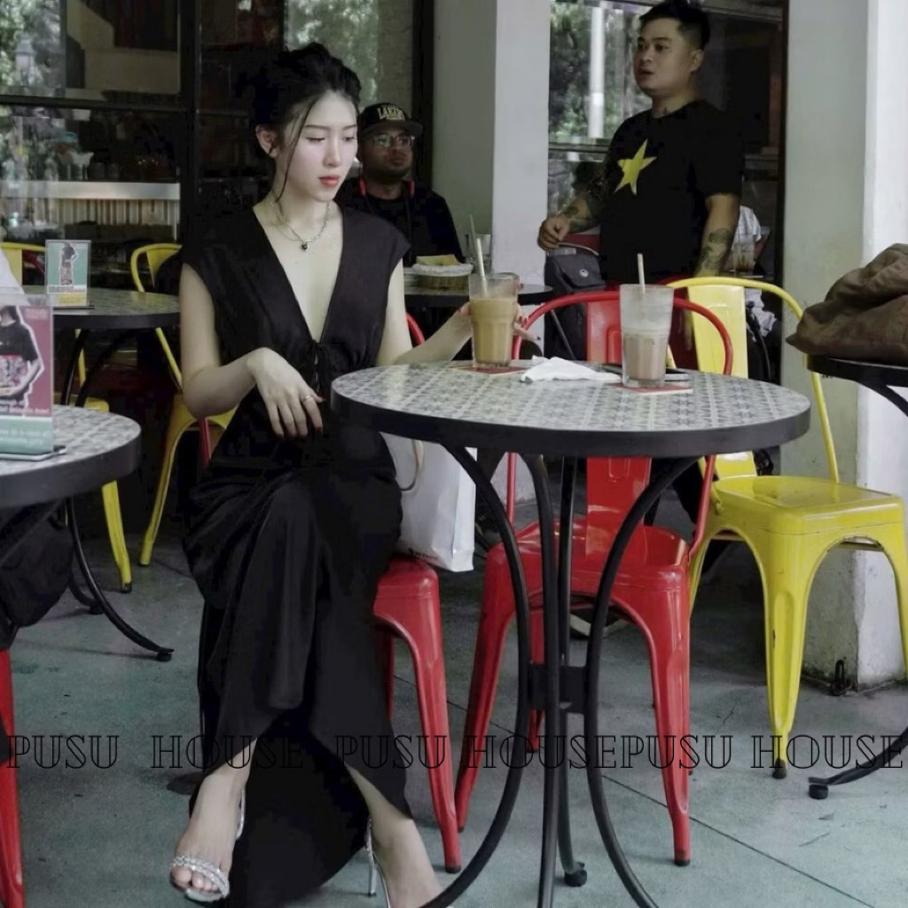 Đầm lụa dài dự tiệc cánh tiên cổ V cột nơ sang trọng thoải mái - Pusu house