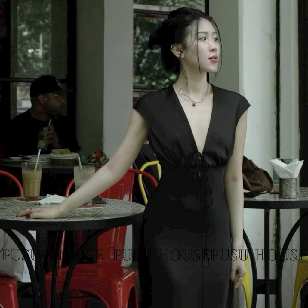 Đầm lụa dài dự tiệc cánh tiên cổ V cột nơ sang trọng thoải mái - Pusu house