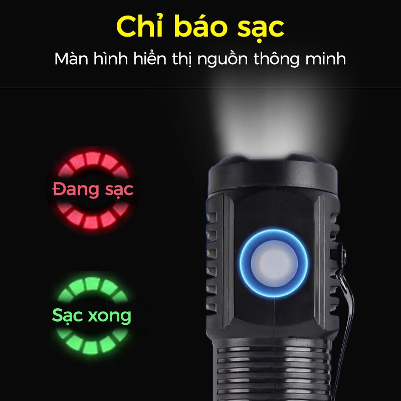 Đèn pin mini cầm tay siêu nhỏ siêu sáng chiếu xa tỏa chống nước có móc gài nam châm tiện dụng pin trâu 5 chế độ sáng