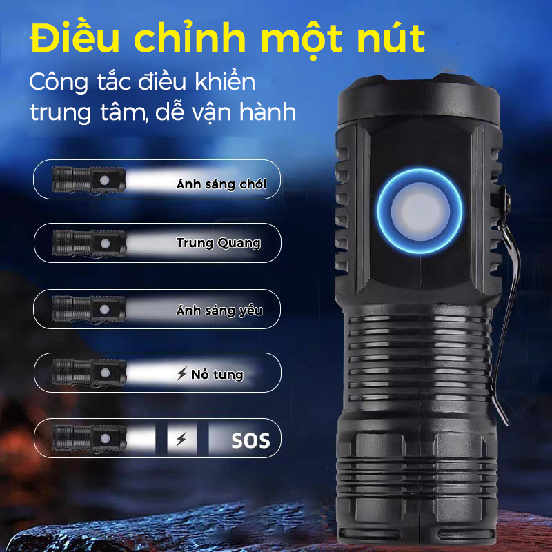 Đèn pin mini cầm tay siêu nhỏ siêu sáng chiếu xa tỏa chống nước có móc gài nam châm tiện dụng pin trâu 5 chế độ sáng