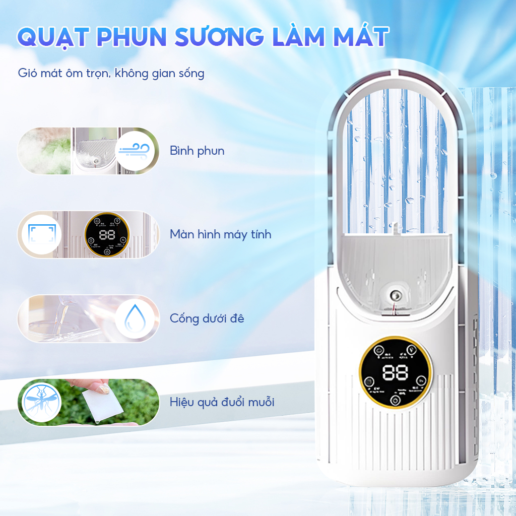 Quạt điều hòa phun sương quạt không cánh, Quạt hơi nước 6 cấp độ tính năng hẹn giờ Với Mosquito Repellent tấm