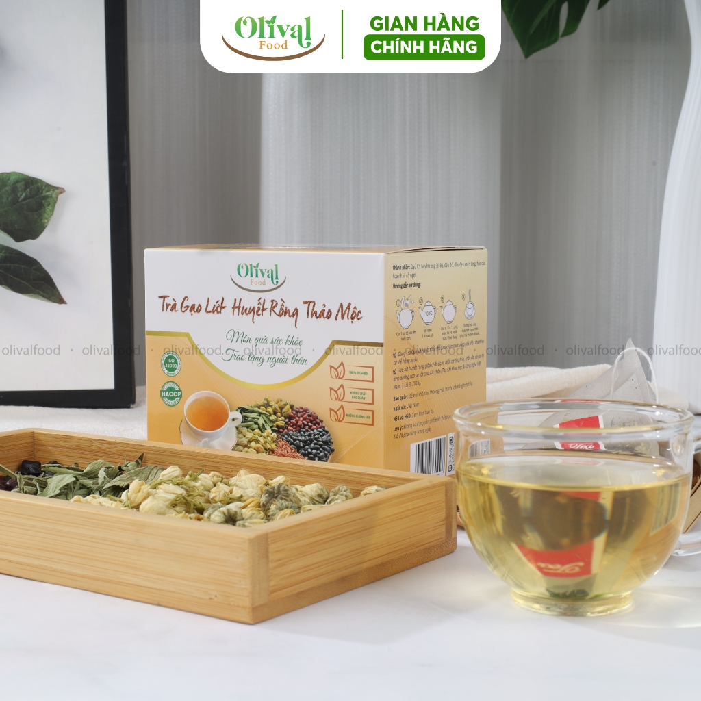 Trà gạo lứt huyết rồng thảo mộc túi lọc OlivalFood Hộp 140g - Thanh lọc cơ thể, ngủ ngon, đẹp dáng sáng da