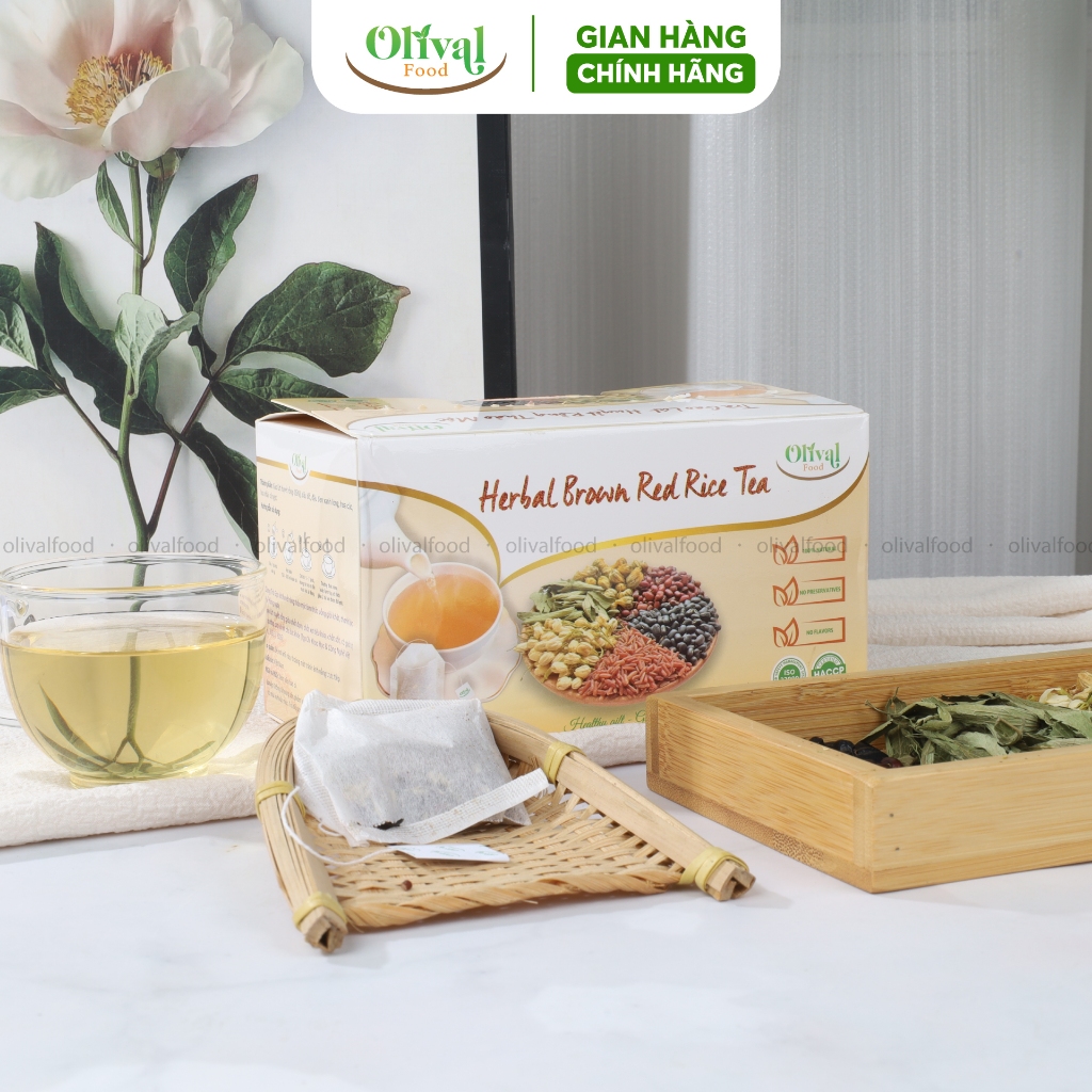 Trà gạo lứt huyết rồng thảo mộc túi lọc OlivalFood Hộp 140g - Thanh lọc cơ thể, ngủ ngon, đẹp dáng sáng da