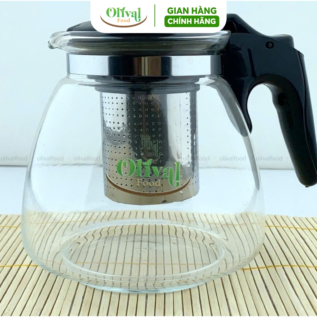 Bình trà bằng thuỷ tinh 1100ml - có lõi lọc inox tiện lợi - Olivalfood
