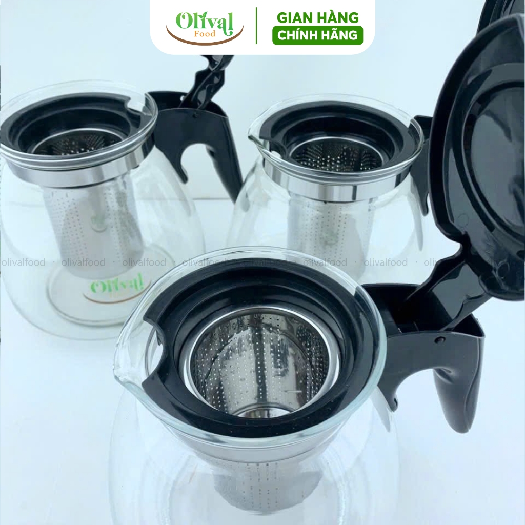 Bình trà bằng thuỷ tinh 1100ml - có lõi lọc inox tiện lợi - Olivalfood