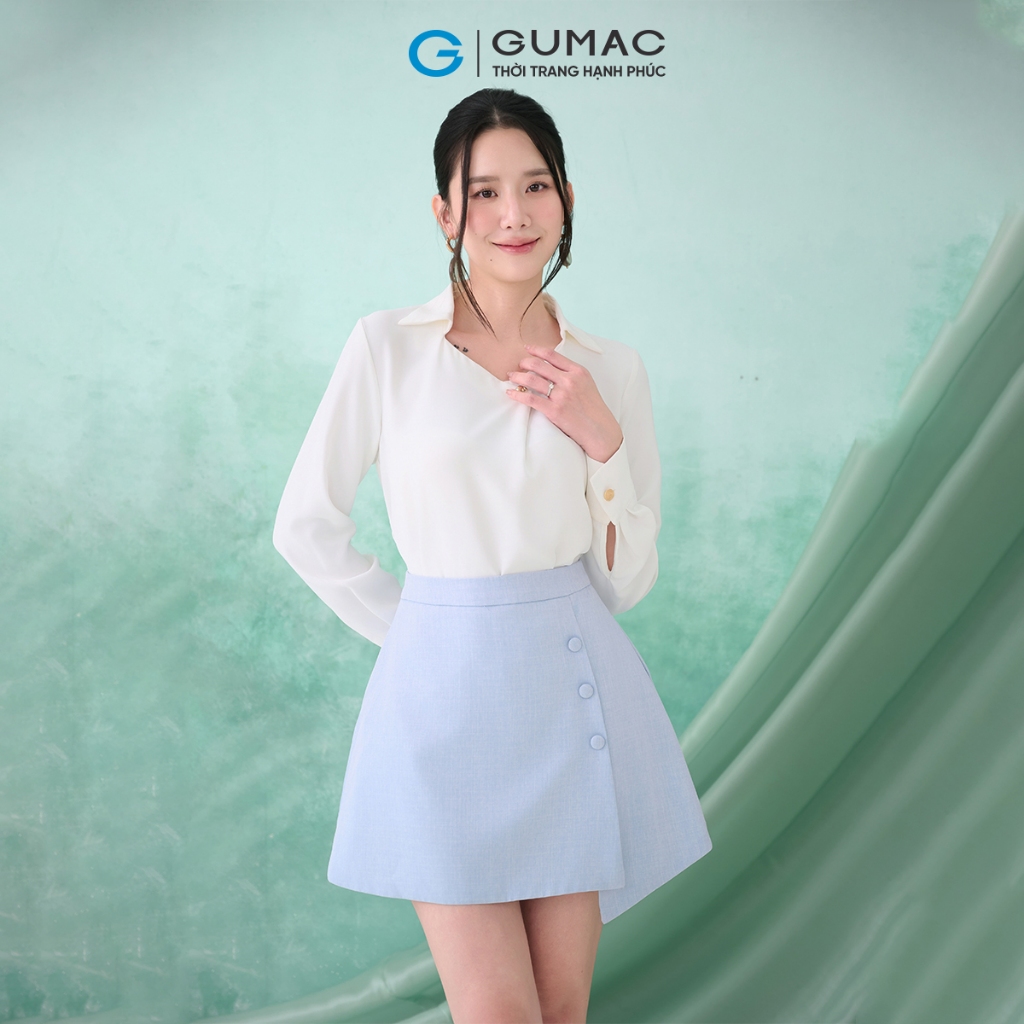 Áo Kiểu Nữ GUMAC Form Suông Tay Dài Măng Set Cổ Vuông Lá Cổ Sơ Mi Lụa Ý Mềm Tiểu Thư AF07028